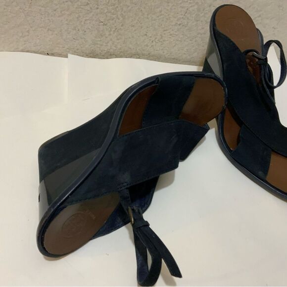 Tory Burch Navy Blue Suede Gabrielle Slingback Wedge Sandals Womens Size 8.5 M - Picture 7 of 16